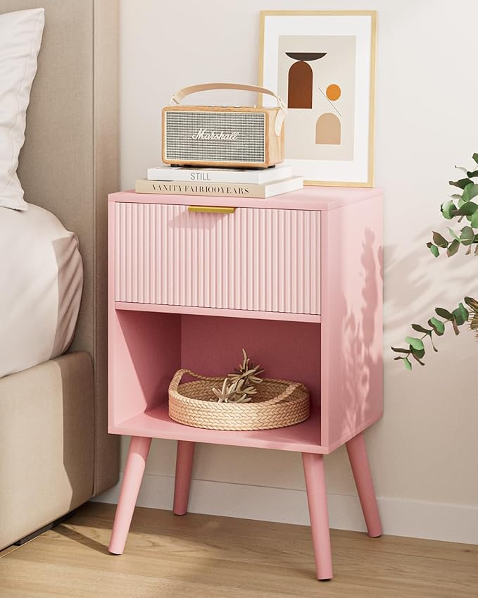 Nightstand, Small Side Table, Bedside Table with Drawer, Modern Night Stand, End Table for Bedroom, Living Room (Pink Stripe)