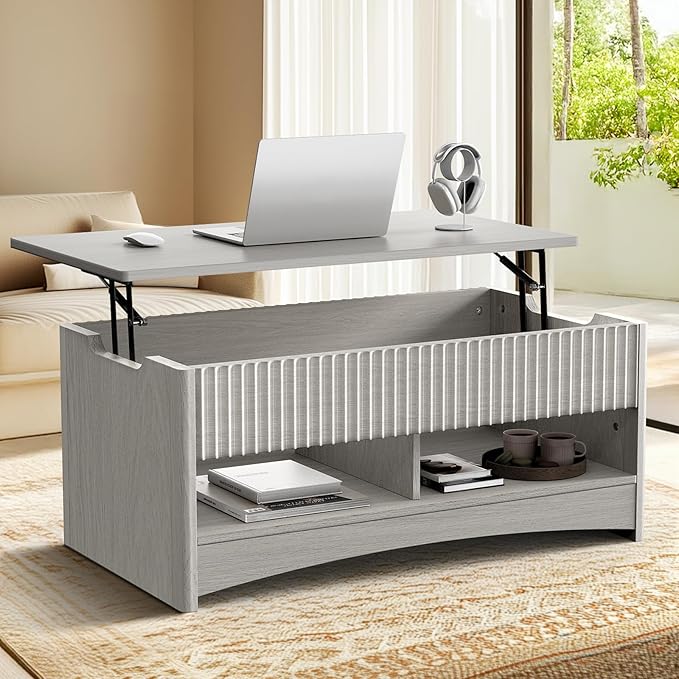 Marsail Lift Top Coffee Table with Open & Hidden Storage, Modern Fluted Coffee Table with Smooth Lift Mechanism, Sturdy Space-Saving Center Table for Home Living Room, Office, Light Grey