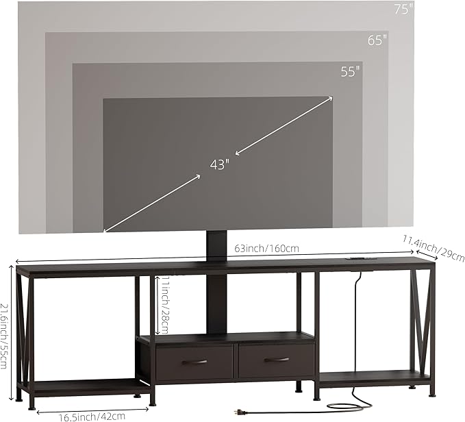 63" W TV Stand with Mount for 50,55,65,75" TV,Entertainment Center with Power Outlet and Led Lights,Height Adjustable TV Console Table with Open Storage Shelves and Fabric Drawers (Black)