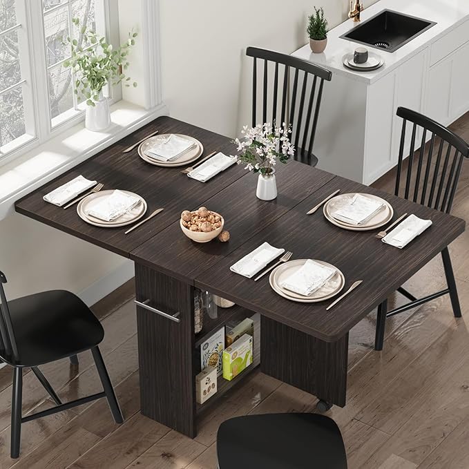 IDEALHOUSE Folding Dining Table, Drop Leaf Dining Table with 6 Wheels and 2-Layer Storage Shelf, Space Saving Dining Table for Small Spaces (Dark Walnut, 47.2" D x 23.6" W x 29.5" H)