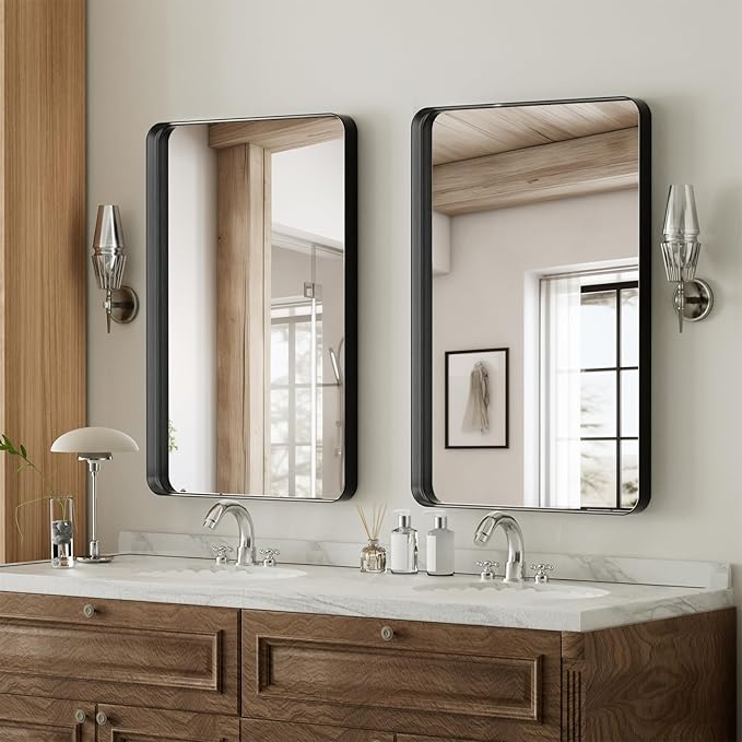 Bathroom Mirror 20x30 inch, Black Gorgeous Deep Frame Wall Mirror, Modern Round Corner Bathroom Vanity Mirror for Bedroom, Living Room, Hanging or Leaning Horizontal or Vertical, Black