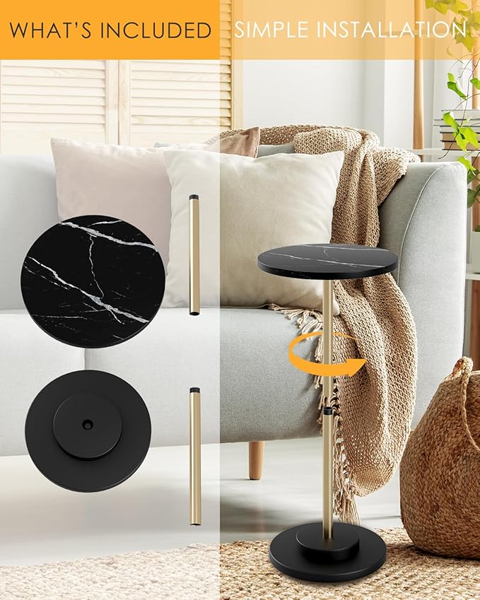 Round Side Table, Small Drink Table for Small Spaces, Modern Accent End Table Coffee Table with Metal Leg for Living Room, Bedroom, Corners, and Office (Black Marble)
