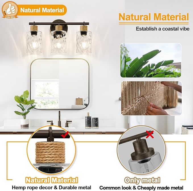 2025 Upgrade Bathroom Light Fixtures, 3-Light Coastal Vanity Lights with Crystal Glass Shade, Oil-Rubbed Bronze Bathroom Wall Lamp for Mirror Kitchen Hallway Cabinet