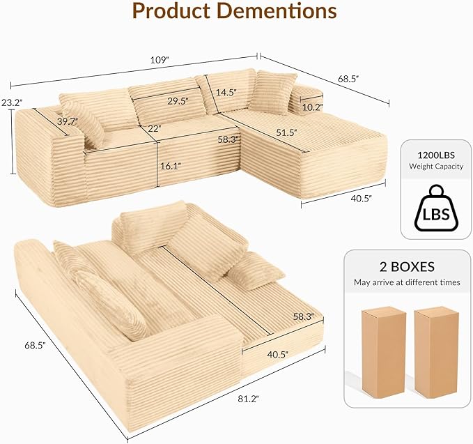COMHOMA 105”Modular Sectional Sofa with Deep Seat,Cloud Upholstered L-Shape Couch Wide Arms Corduroy Fabric High-Density Foam Chaise Lounge for Living Room No Assembly Required