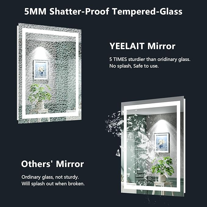 24x30 Inch LED Bathroom Mirror with Lights Front and Backlit Lighted Vanity Mirror for Bathroom Wall with 3 Colors Dimmable Anti-Fog Memory Shatter-Proof IP54 Waterproof Horizontal/Vertical