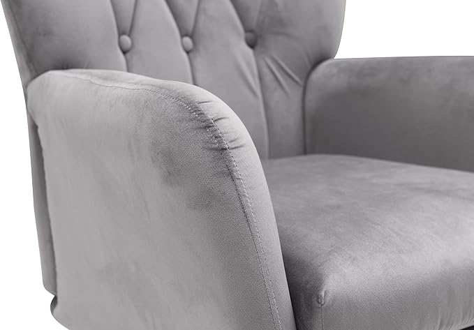Container Furniture Direct Modern Chic Mid-Century Velvet Accent Armchair for Living Room, Bedroom, or Home Office, Button-Tufted Wingback Design with Gold Flared Legs, Grey