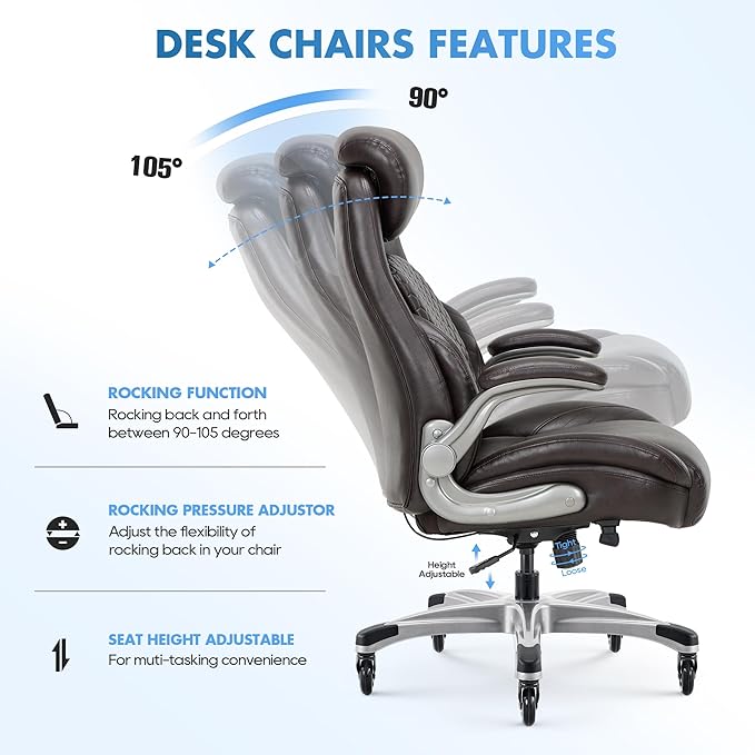 COLAMY Office Ergonomic Desk High Back Executive Chair with Pop-Out Lumbar Support, Upgraded Casters, Adjustable Headrest, Flip-Up Arms, Leather Home with Thick Cushion for Comfort - Brown