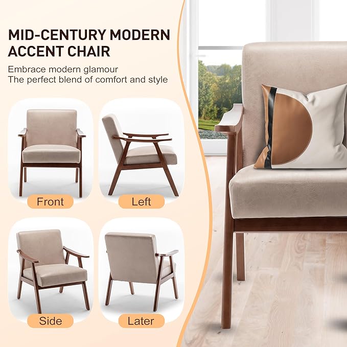 KEIKI Mid Century Modern Accent Chair w/High Wingback,Comfy Fabric Living Room Chairs with Solid Wood Frame, Lounge Reading Armchair, Easy Assembly, Light Camel