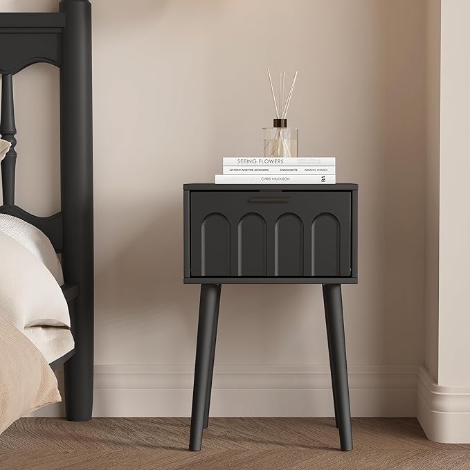 LAATOOREE Nightstand Set of 2, Small Bed Side Table with Arch Door, Mid-Century End Table with Wood Legs for Bedroom, Small Space (Black)