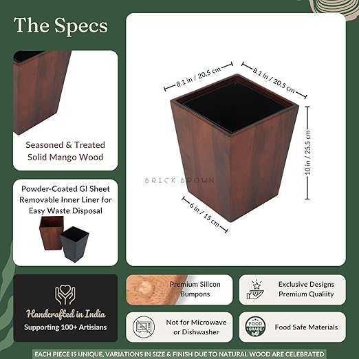 Premium Solid Wood Trashbin Multipurpose Furniture Basket for Home Living Room Office | Dustbin with Removal Metal Inner Liner from Mahogany Collection (Dwindle, 8x8x9.8 Inch)