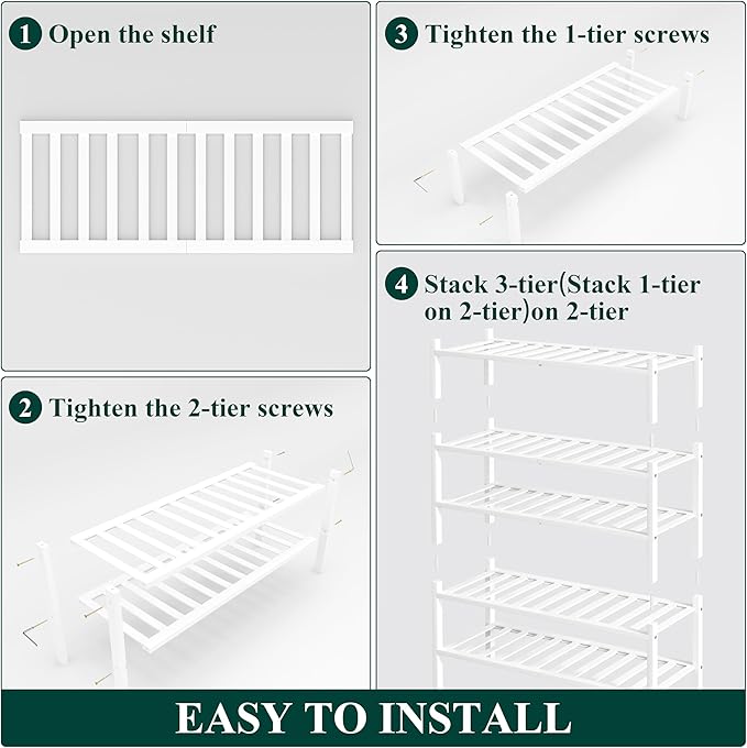 Smiry Shoe Rack, 5 Tier Thick Bamboo Shoe Organizer, Stackable Free Standing Wooden Shoe Storage Shelf for Closet, Entryway, Front Door Entrance, White