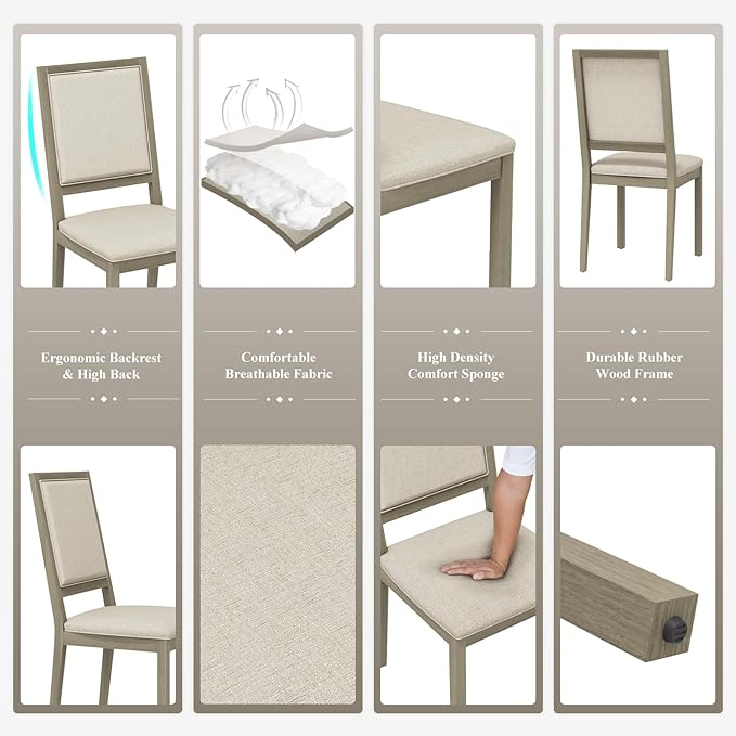 COLAMY Wood Dining Chairs Set of 2, Mid Century Modern Upholstered Kitchen Chairs,19 Inch Fabric Dining Chair with Back for Kitchen Dining Room,Grey