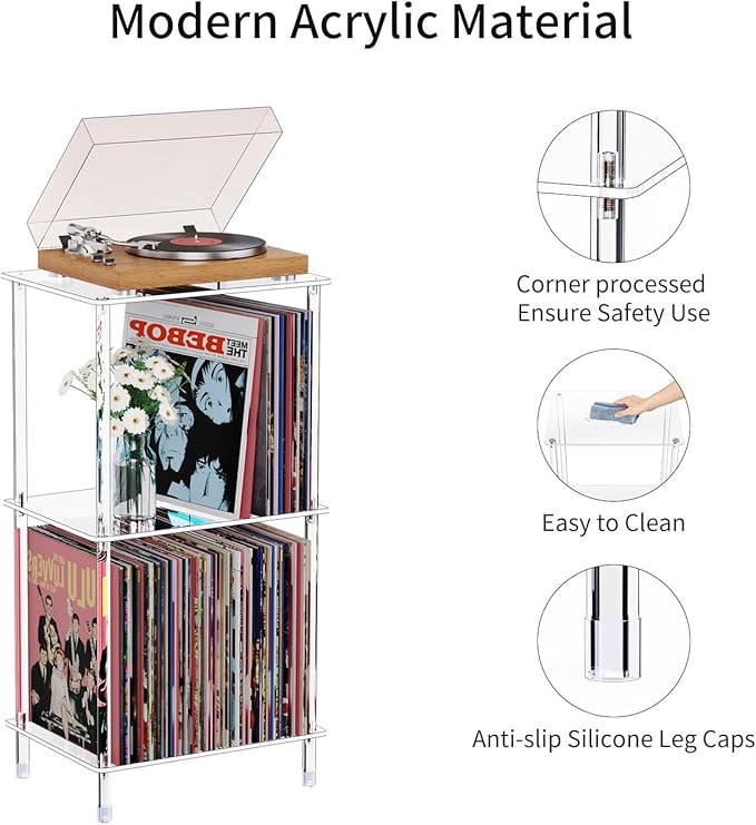 Acrylic Record Player Stand, 15.8" L x 11.8" W x 30.7" H, 3-Tier Clear Turntable Table with Vinyl Record Storage, Tall Modern Side Table/End Table for Living Room, Bedroom