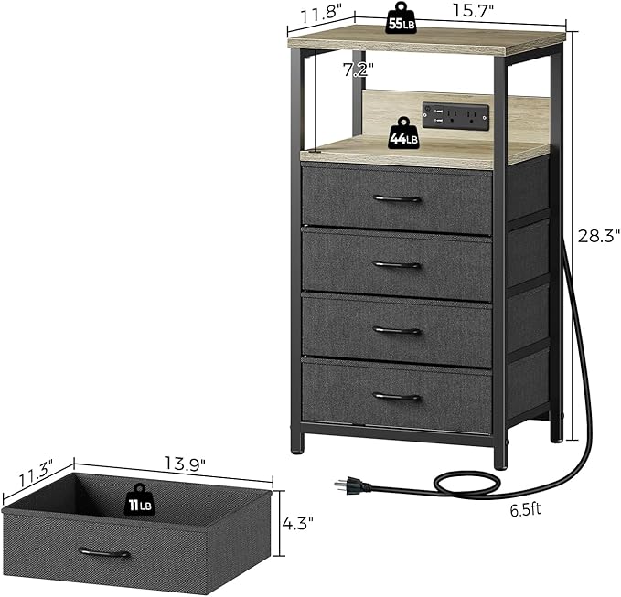 Seventable Night Stand with Charging Station, Tall Nightstand with 4 Fabric Storage Drawers, Side Table with LED Light for Bedroom, Entryway, Greige, Set of 2