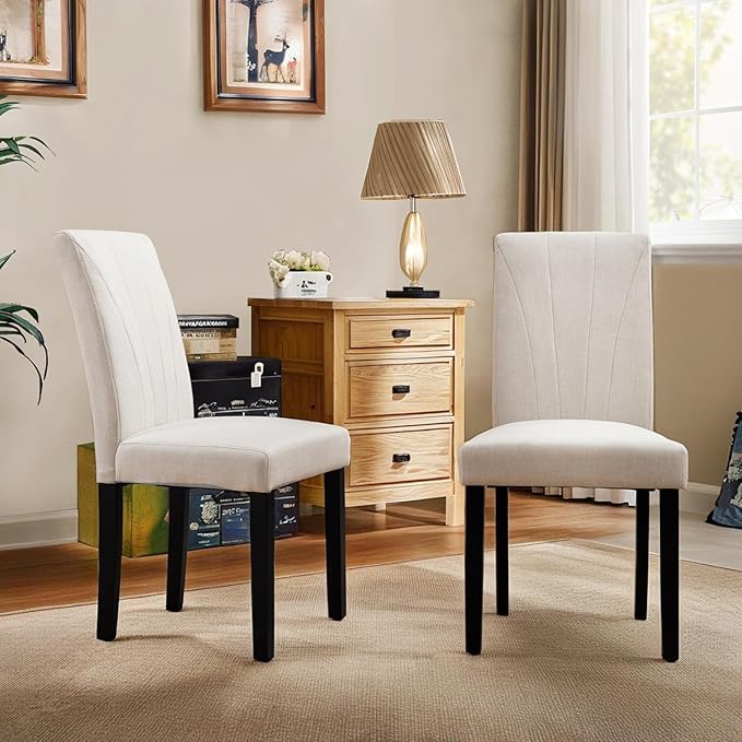 VECELO Upholstered Dining Chairs Set of 6, Modern Fabric and Solid Wood Legs & High Back, Parsons for Kitchen/Living Room- Beige