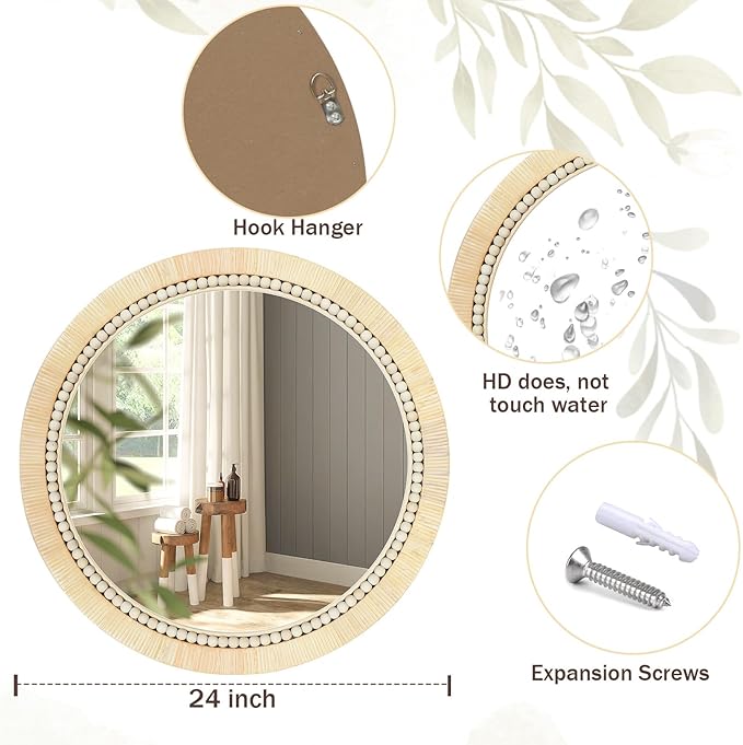 ULIKE Round Rattan Mirror, Bathroom 24 Inch Rustic Farmhouse Wall Decor with Handmade Wicker Frame, Boho Mirror for Nursery Bedroom Living Room Entryway