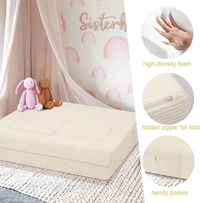 MeMoreCool Modular Kids Couch, Corduroy Play Toddler Couch for Bedroom Playroom Furniture, Convertible Foam Kids Sofa Bed, Fold Out Baby Sofa for Girl Boy, Beige