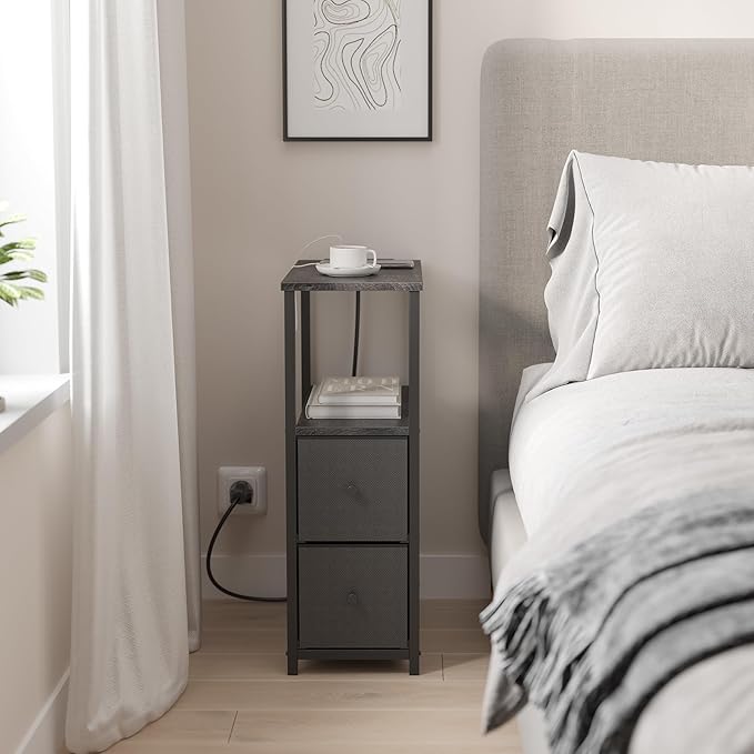 TUTOTAK Small Narrow End Table with Charging Station, Set of 2, Side Table with Outlets, Nightstand with 2 Cloth Drawers, Couch Table, for Living Room, Bedroom, Bedside, Charcoal Grey TB01BY055