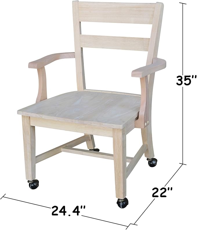 IC International Concepts Dining Chair with Casters, 225lbs wt Capacity, Solid Real Wood, Sturdy Parawood, 24.4"W x 22"D x 35"H, DIY, Paint/Stain Ready, Unfinished