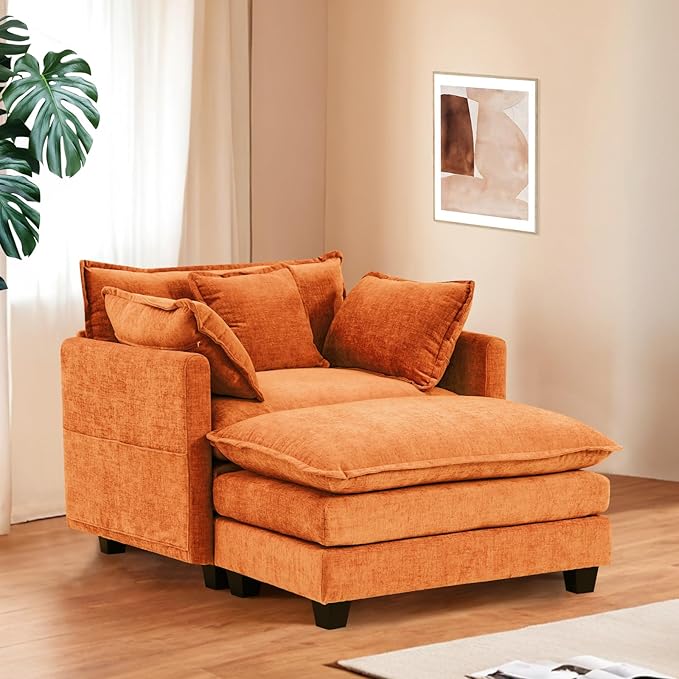 Furniliving Oversized Accent Chair with Ottoman, Luxury Chenille Single Sofa, Upholstered Deep Seat Chaise Lounge with Pillows for Living Room, Bedroom, Apartment, Orange