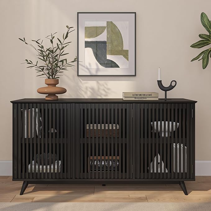 Plank+Beam Mid-Century Modern Wood TV Stand, Three Door Solid Wood Entertainment Console with Storage, 59" L x 16" W x 30" H, Black