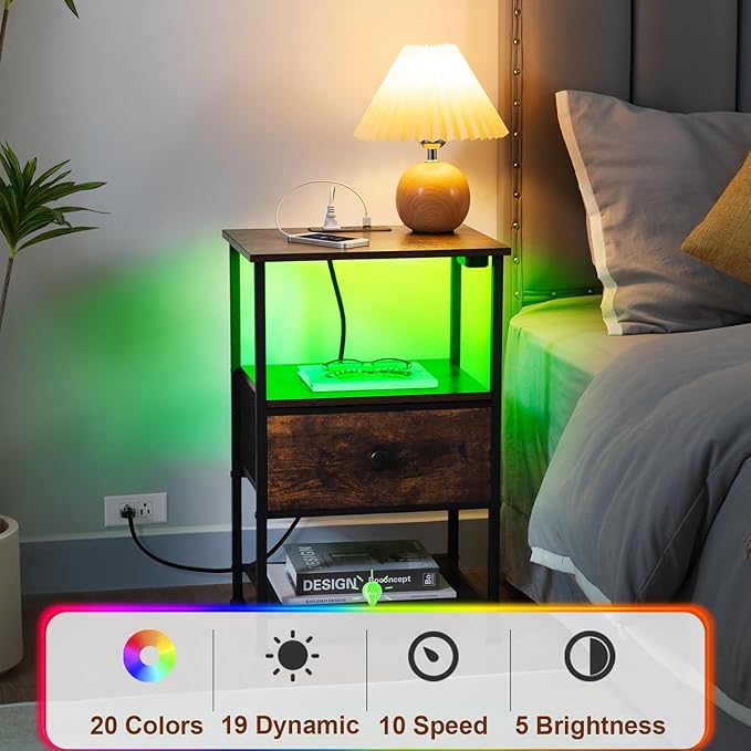 Night Stand Set 2, LED Nightstand with Charging Station, End Tables Living Room with Fabric Drawer for Small Spaces, Side Tables with Storage Shelf for Bedroom, Brown HETS01PBR