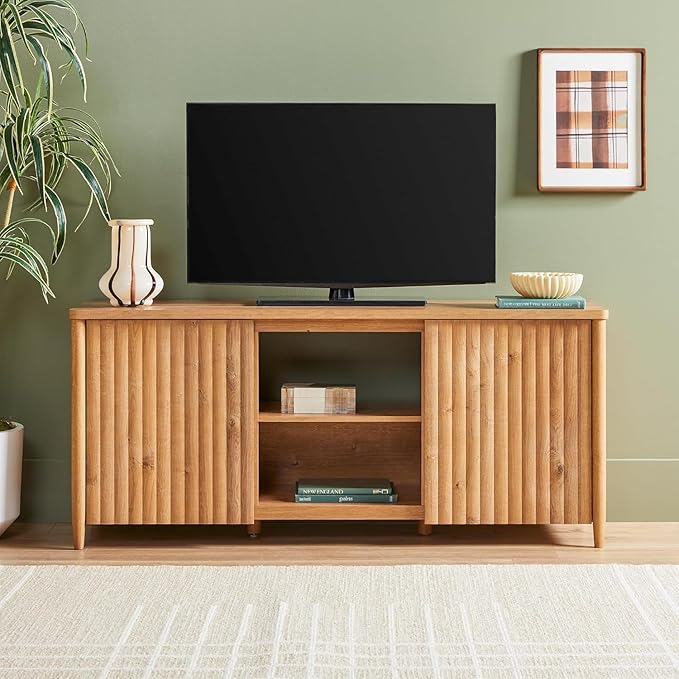 Walker Edison Scandinavian Reeded TV Stand with Storage for up to 70" TV English Oak