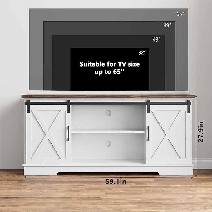 GarveeHome Farmhouse Tv Stand for 65 Inches TVs, Entertainment Center with Sliding Barn Doors and Adjustable Shelf, Modern Media TV Console TV Stand Table for Living Room, Bedroom, White