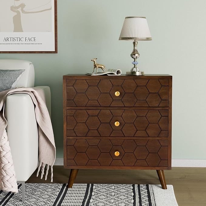 COSIEST Modern End Table w 3 Storage Drawers, Night Stand w Honeycomb Pattern, Small Wood Chest, Accent Cabinet for Bedroom, Living Room(Brown,2 Pieces)