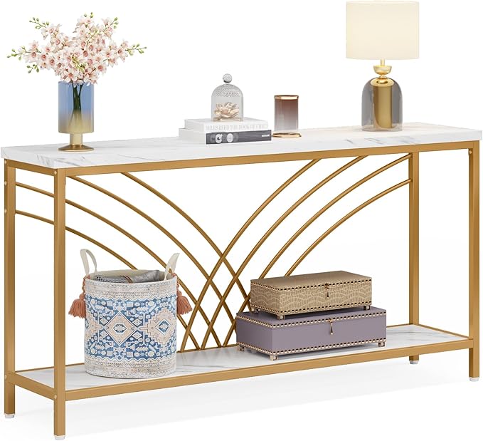 Tribesigns 70.9 inch Extra Long Console Table, Faux Marble Entryway Table with 2 Tier Storage Shelf, Narrow Sofa Table Behind Couch, Modern Hallway Accent Table for Living Room, White and Gold