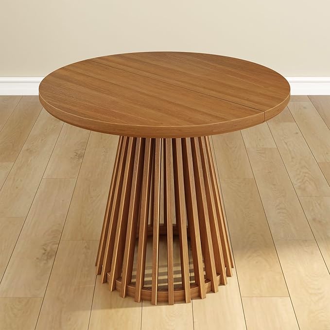 Plank+Beam Lido Round Dining Table, 38", Wooden, Pedestal, Minimalist Kitchen Table for 4 for Dining Room, Pecan