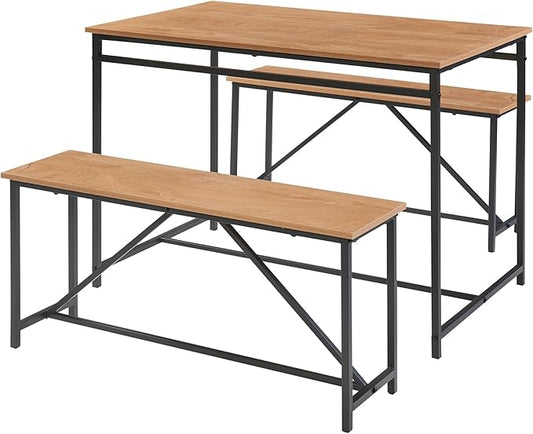 Panana 3 Piece Dining Room Table Set 43 Inch Kitchen Table with Two Benches Breakfast Table Top with Sew Kerf Finish Metal Frame Dining Room Home (Brown)