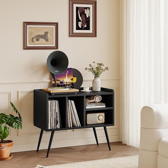 Record Player Stand with Vinyl Storage,Turntable Stand with Solid Wood Legs,Record Player Table Holds Up to 200 Albums,Vinyl Holder Storage Shelf for Bedroom Living Room,Black