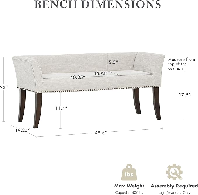 Madison Park Accent Bench for Living Room, Upholstered with Nailhead Trim, & Padded Seat Entryway Bench Small, End of Bed Bench with Back, 49.5" W x 19.25" D x 23" H, White Cream