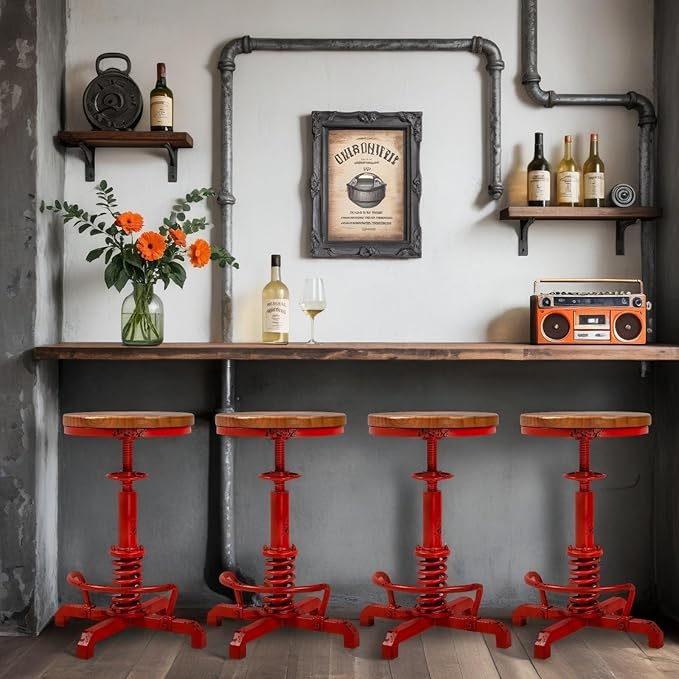 4-Piece American Antique Steampunk Bar Stool 24.41"-28.35" Vintage Industrial Adjustable Swivel Backless Counter Stool for Home, Dining, Breakfast, Pub, (Heavy Duty Metal & Wood, Aged Red, Brown Top)