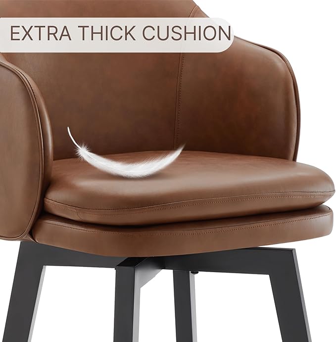 Counter Height Barstools 26 inch Upholstered Swivel Bar Stools with Back and Wood Legs for Kitchen Island,Set of 4,Brown PU Leather
