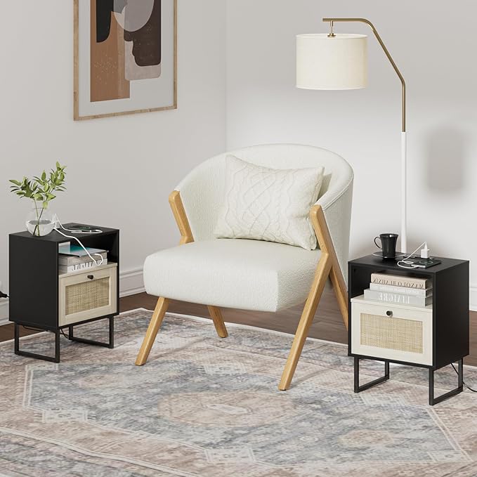 Masupu Boho Night Stand, Small Rattan Side Table, Wood Nightstand with Drawer and Charging Station, Bedside Table with White Shelf, End Table for Bedroom,Living Room,Office (Black Mix White)