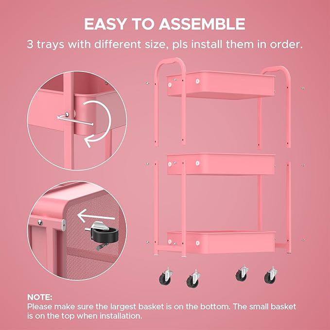 MAX Houser 3-Tier Rolling Utility Cart with Caster Wheels,Easy Assembly, for Kitchen, Bathroom (Pink)