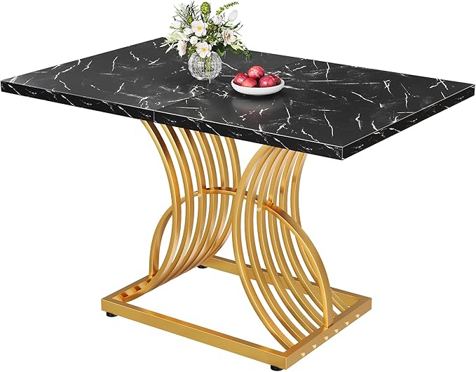DWVO Modern Dining Table for 4 People 47 Inch Rectangular Kitchen Table with Faux Marble Tabletop and Gold Geometric Legs Small Dinner Table Kitchen & Dining Room Furniture Black & Gold