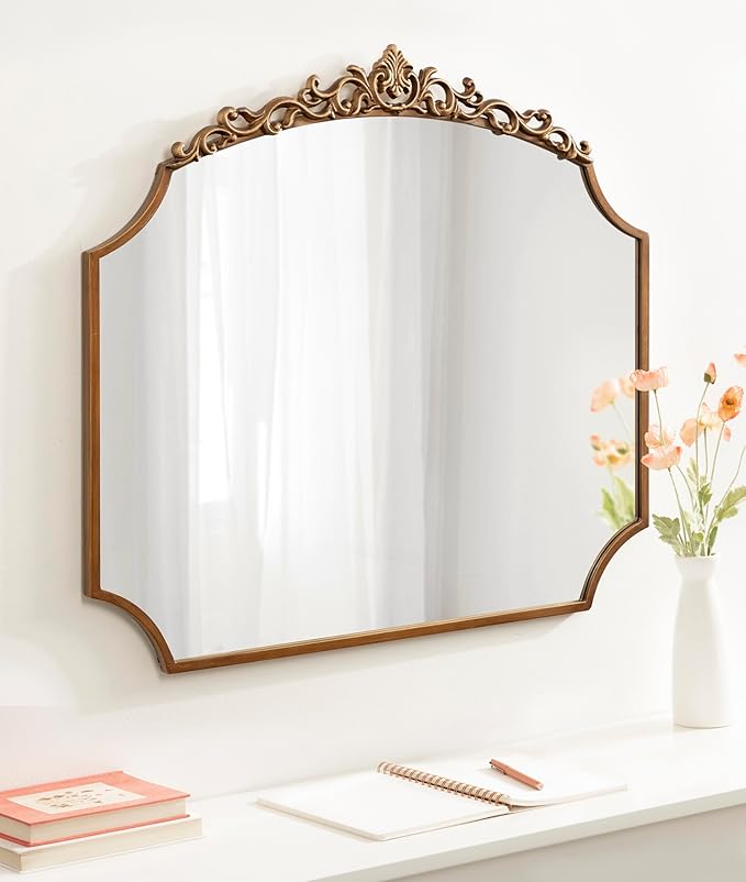Kate and Laurel Arendahl Ornate Traditional Arched Scallop Mirror; 24 x 36; Antique Gold; Decorative Baroque Style Scalloped Arch Vintage Gold Mirror with Ornamental Crown