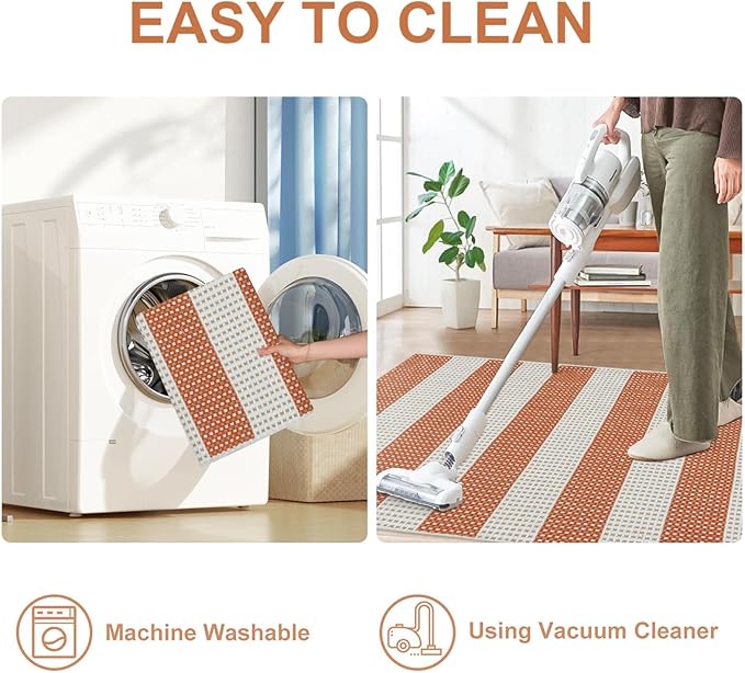 OJIA Outdoor Patio Rug 5'x7', Striped Outdoor Rugs Washable Checkered Area Rugs Cotton Woven Indoor Accent Rugs for Bedroom/Living Room/Front Porch/Deck/Backyard/Camping (Orange/White/Tan)