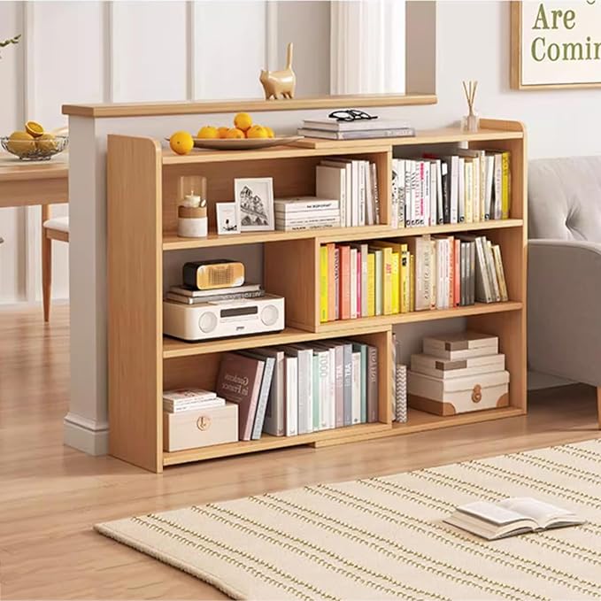 Wooden Extendable Bookcase,Open Low Bookshelf, 4-Shelf Storage Unit, Freestanding Bookcase for Small Spaces or Corners, Stylish Shelves for Living Room and Office (Wood Color, L)