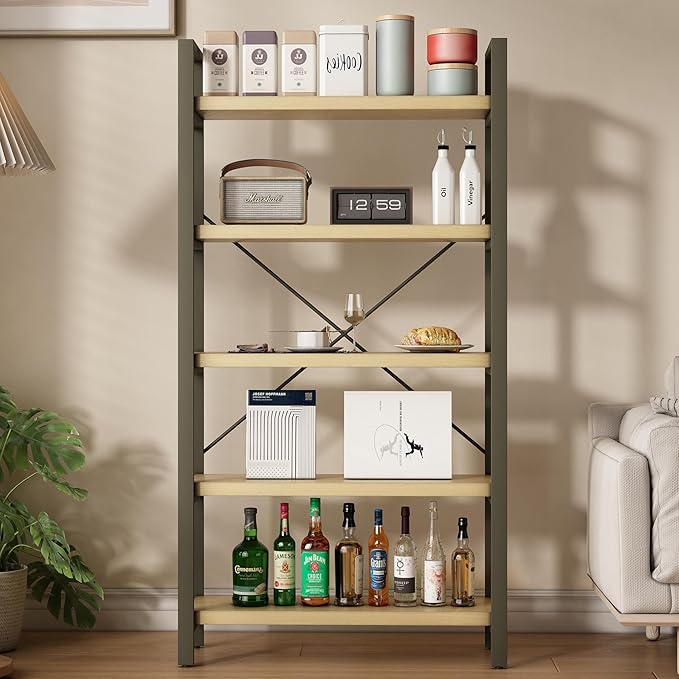 Real Solid Wood Rustic Vintage Industrial Etagere Bookshelf, Metal & Timber Free Vintage Bookcase, Retro Brown (Genuine Timber) (5-Tiers-Real Wood)