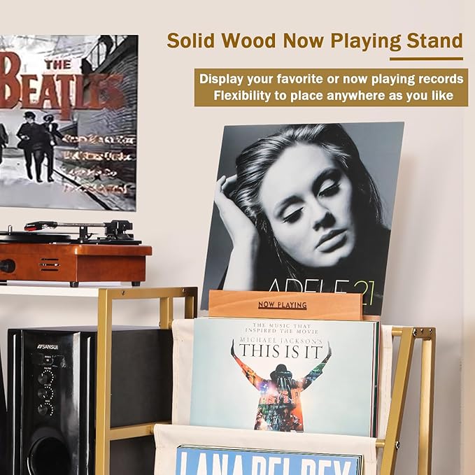Stand for Record Player, 3 Tier Vinyl Record Storage with Now Playing Holder, Turntable Stand, Vinyl Display with Speaker Storage for Living Room, Gold White