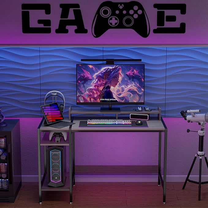 Computer Desk Gaming Desk with Monitor Stand, Home Office Desk Suitable for 2 Monitors, Writing Desk with Adjustable Storage Space,Sturdy and Durable Modern Small Desk (Grey, 47 inchs)