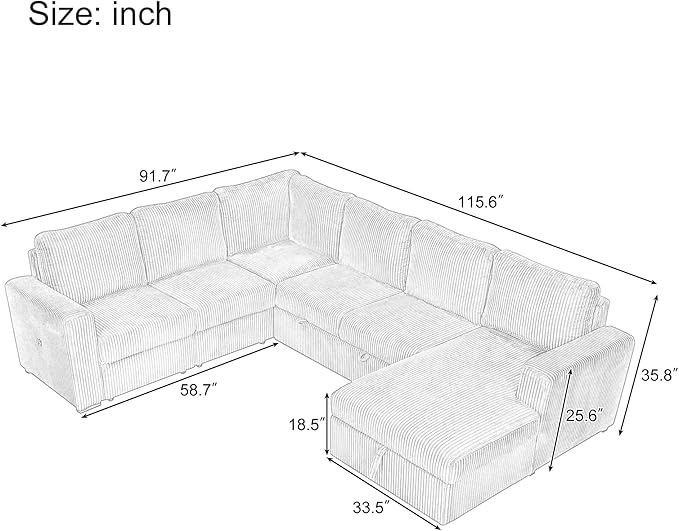 115.6 Inch U-Shaped Modular Sectional Sofa with Pull Out Bed, Storage Chaise and USB interfaces, Oversized Upholstered Combination Corner Couch for Living Room, Office, Spacious Space, Beige