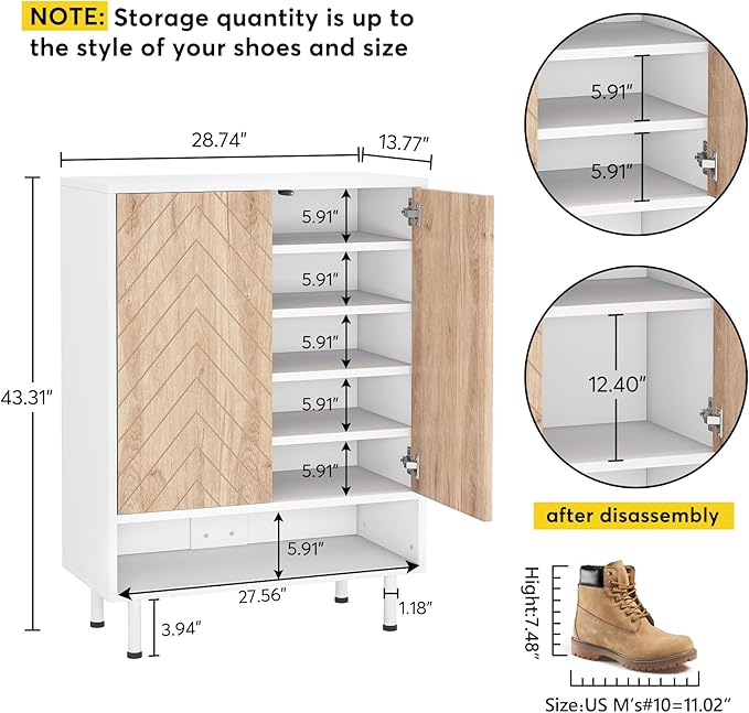 Tribesigns Shoe Cabinet, 18 Pair Rack Organizer Cabinet with Door, 6-Tier Modern Storage Shelves for Entryway Hallway Closet, White and Brown
