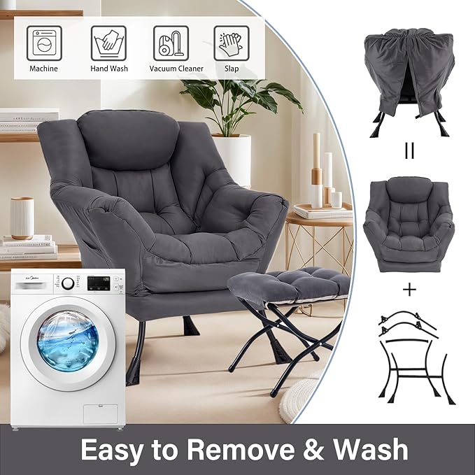 Lazy Chair with Ottoman, Reading Armchair with Armrests and Footrest, Large Modern Lounge Accent Chair with Ottoman, Leisure Sofa Chair for Living Room, Bedroom, Dorm Room (Dark Grey)