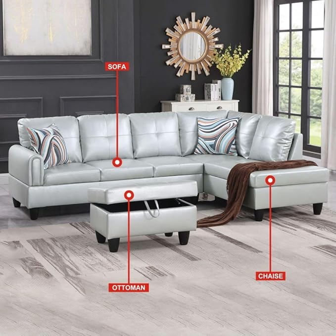 Silver Green L-Shaped 3-Piece Faux Leather Sofa with Storage Ottoman Set, Sectional Couch Sofa Set for Living Room, Office, Small Space