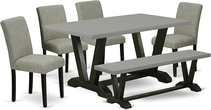 East West Furniture V696AB106-6 6 Piece Modern Dining Table Set Contains a Rectangle Wooden Table with V-Legs and 4 Shitake Linen Fabric Parson Chairs with a Bench, 36x60 Inch, Multi-Color